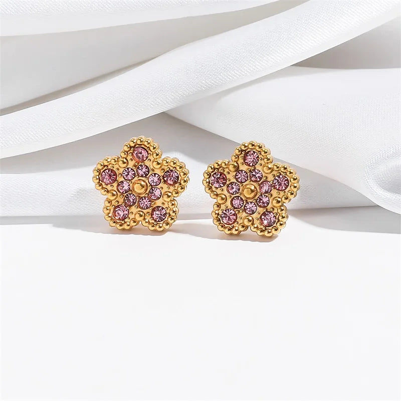 EILIECK New Fashion Stainless Steel White Zircon Clover Necklace Bracelet Earrings Set For Women Trendy Flower Jewelry Set Gift