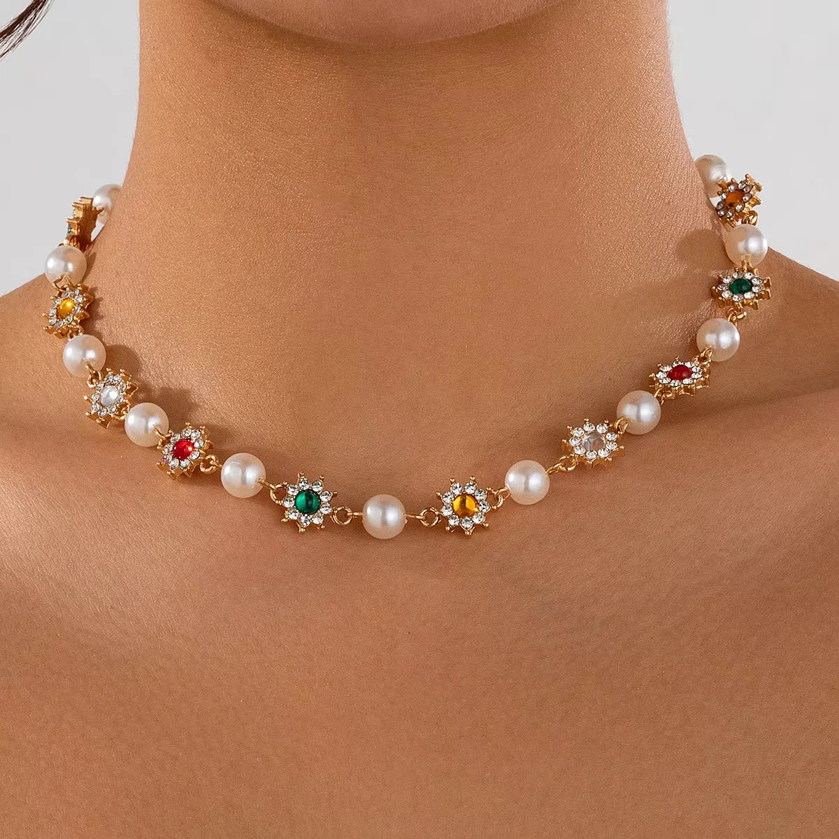 IFYOUOO Luxury Shinny Colorful Rhinestone Short Necklace Women Imitation Pearl Choker Jewelry Collar Wed Bridal Goth