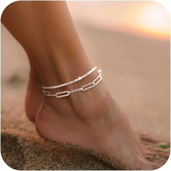 Dainty Layered Waterproof Anklet for Women Girls Adjustable Stackable Cross Pendant  Sparkling Summer Beach Jewelry