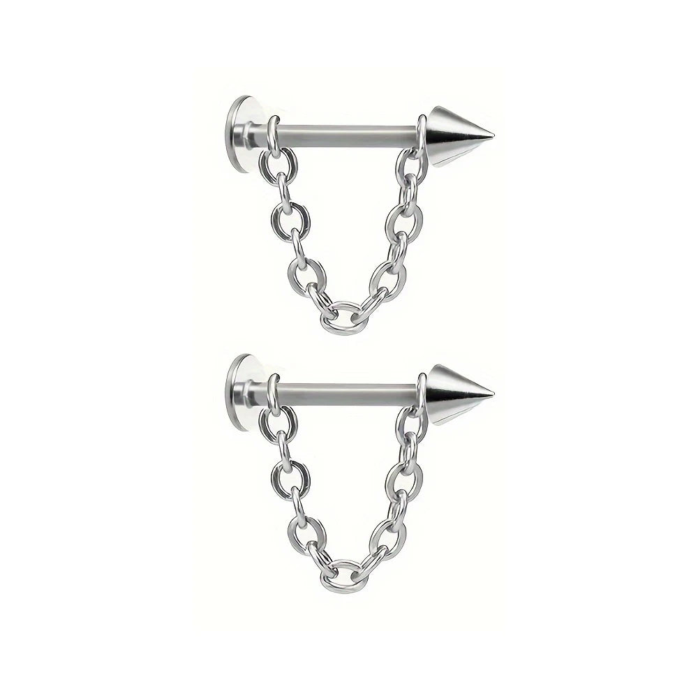 2pcs Fashion Simple Stainless Steel Chain Lip Stud Cartilage Stud Earrings Detachable Piercing Jewelry For Daily Wear