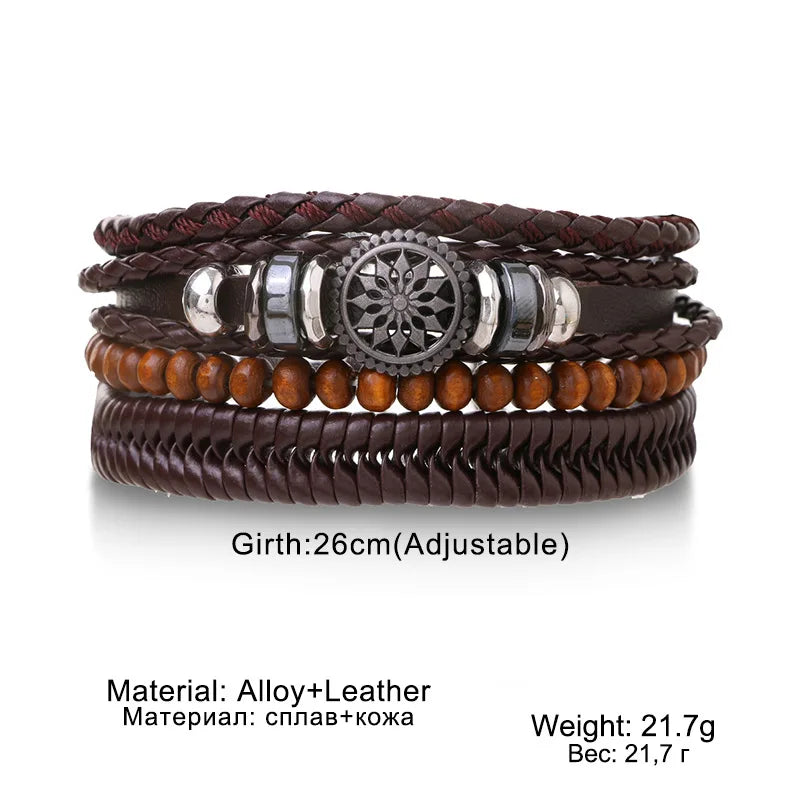 4Pcs/ Set Braided Wrap Leather Bracelets for Men Vintage Life Tree Rudder Charm Wood Beads Ethnic Tribal Wristband Rope Bracelet