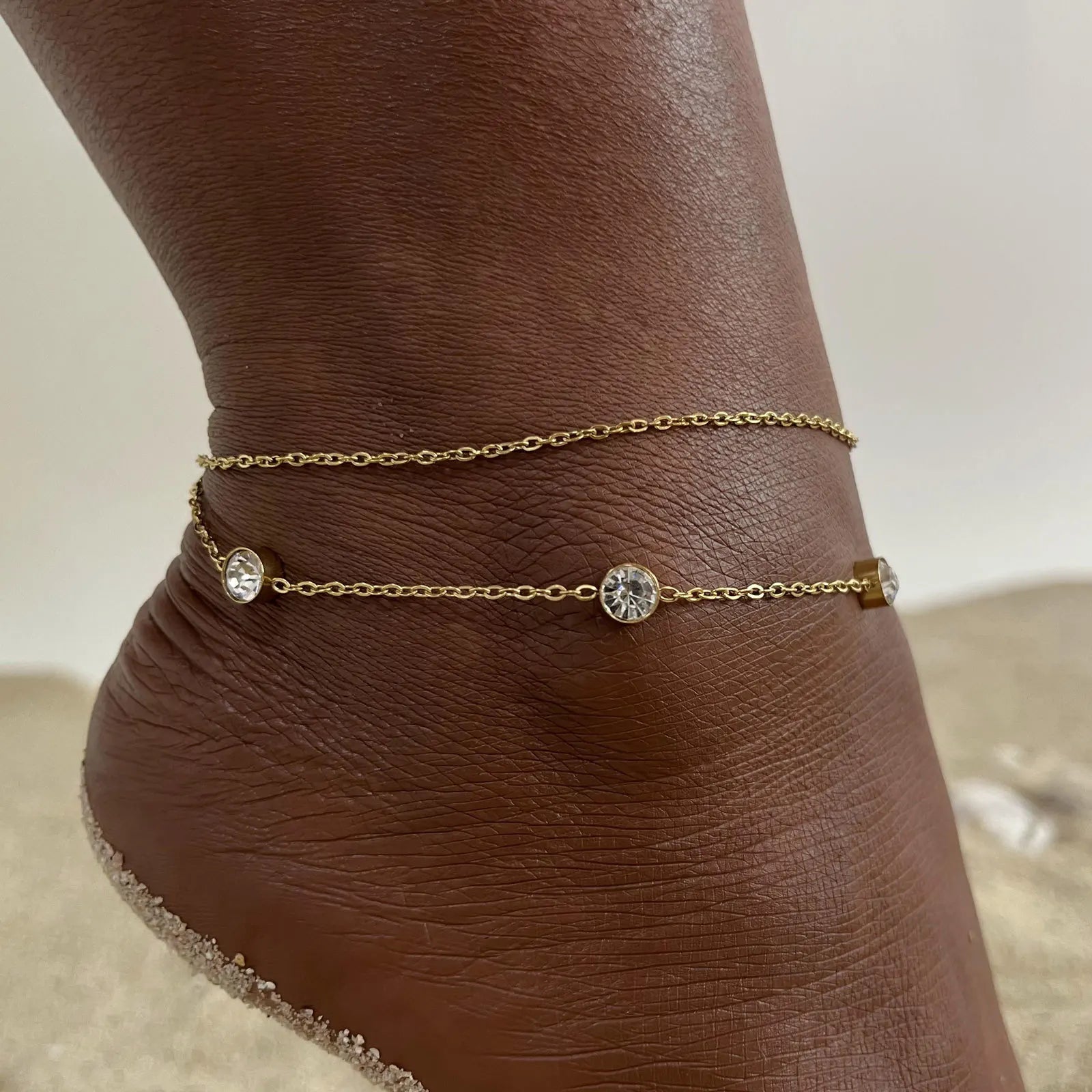 18k Gold Plated Stainless Steel Layered Chain With Beaded  Anklet Bracelet on Leg  for Women