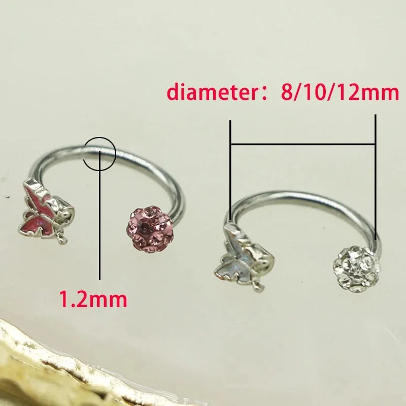 1pc Crystal Butterfly Labret Piercing Lip Ring C Shape Stainless Steel Ins Sweet Cool Y2K Girl Piercing Cartilage Body Jewelry