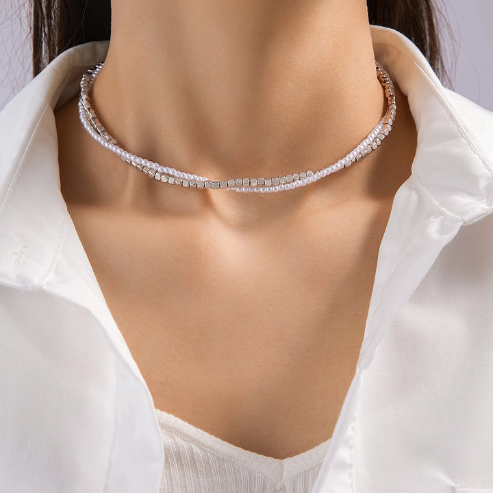 Tocona Vintage Silver Round Bead Choker Necklace for Women Fashion Two-layer Geometric Alloy Clavicle Chain Party Jewelry 26081