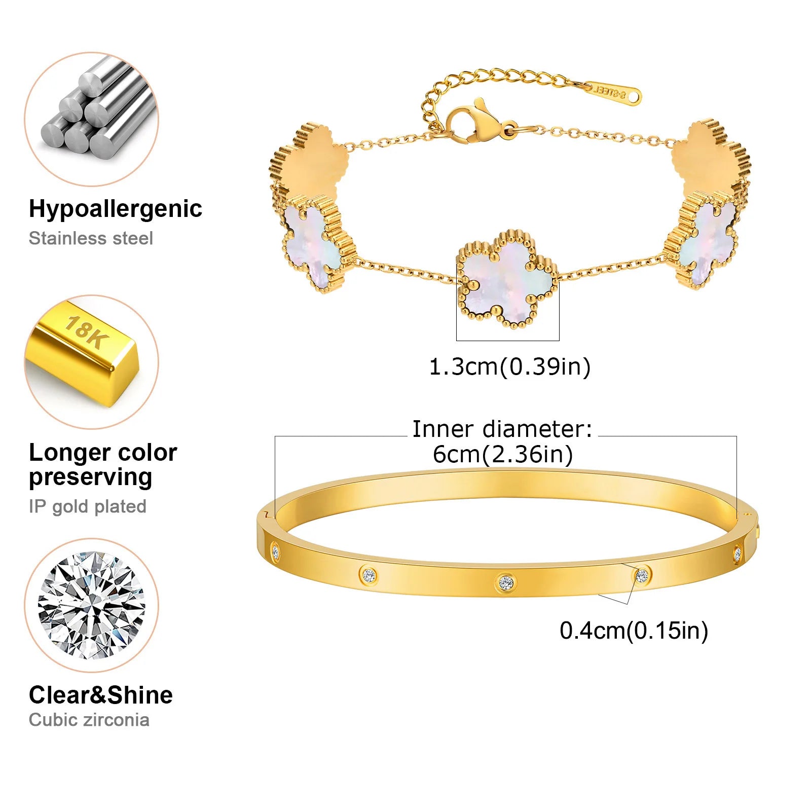 Vnox Exquisite 13mm Clover Bracelet Set for Women, Love Gift Bracelets for Wife Mothers Day Jewelry, Stainless Steel Cuff Bangle