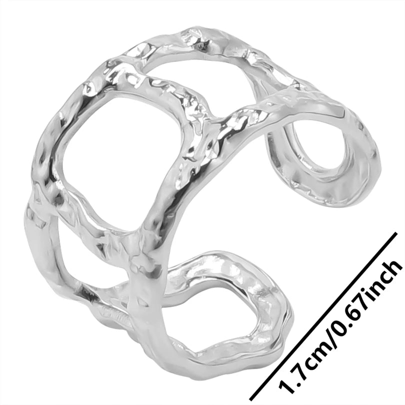 1Pc Stainless Steel Waterproof Women Personality Textured Chunky Open Rings Vintage Hollow Irregular Multi-layer Anillos Jewelry