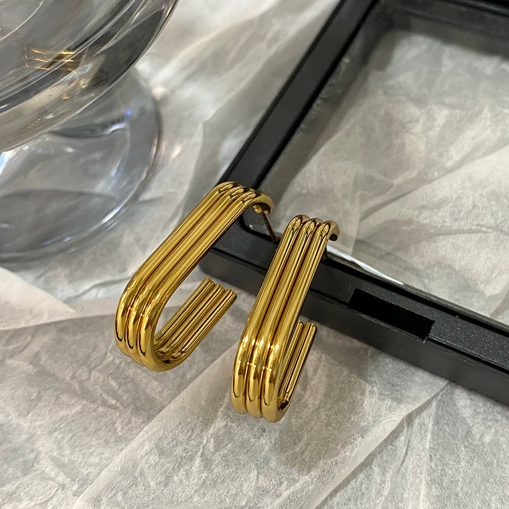 Trendy Gold Color Copper Alloy Hoop Earrings Women's Triple Layered Chunky Hoops Geometry Earrings Huggies Minimalist Jewelry
