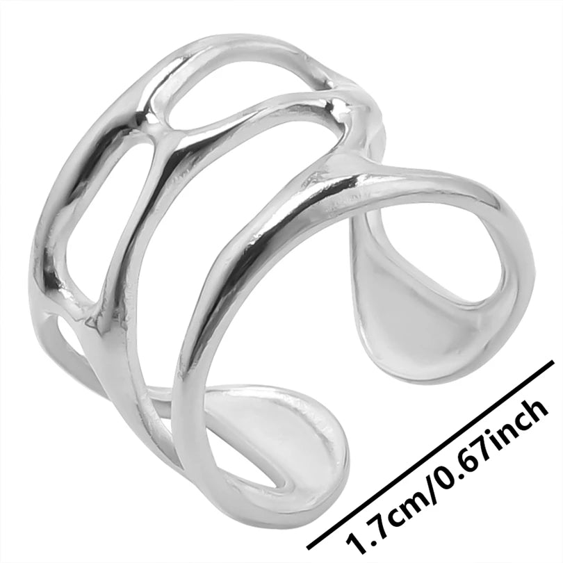 1Pc Stainless Steel Waterproof Women Personality Textured Chunky Open Rings Vintage Hollow Irregular Multi-layer Anillos Jewelry