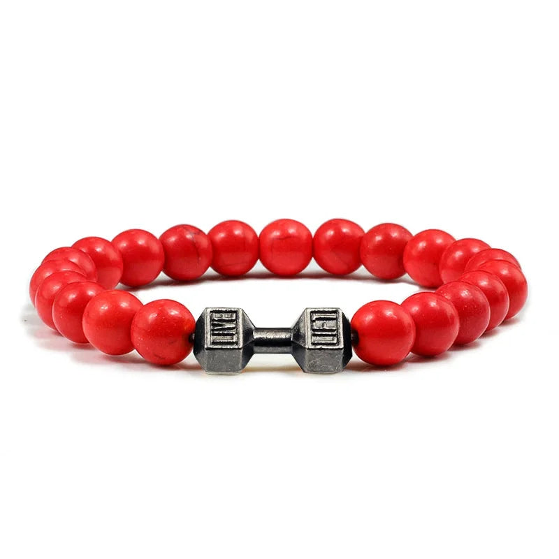 Hot Selling Vintage Men's Bangle Natural Stone Bead Dumbbell Pendant Elastic Strand Bracelet for Friend's Gift