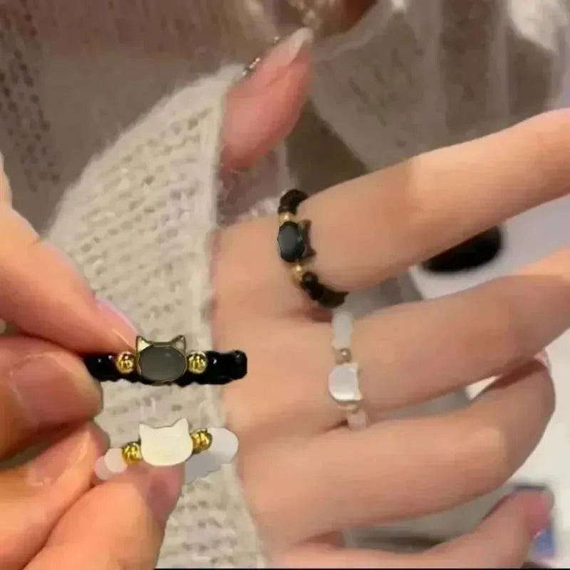 1pcs Natural Moonstone Obsidian Rings Beads Minimalist Fidget Ring Cute Black White Cat Ring Women Men Party Accessories Jewelry