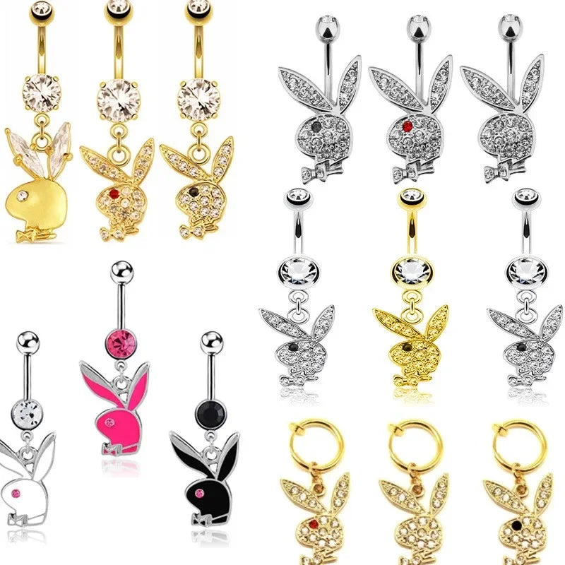 1pc Stainless Steel Belly Button Piercing Crystal Belly Button Ring Rabbit Pendant Gold Belly Button Ring Body Woman's Jewelry
