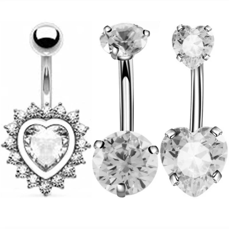 3PCS Heart Crystal Belly Button Piercing Jewelry Set Red Cz Navel Piercing Bulk Flower Belly Rings Pack Piercing Ombligo Lote