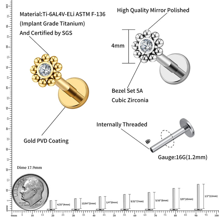 Right Grand ASTM F136 Titanium 16G Mini Beaded Sun Labret Stud CZ Flower Tragus Cartilage Helix Conch Nose Piercing Body Jewelry