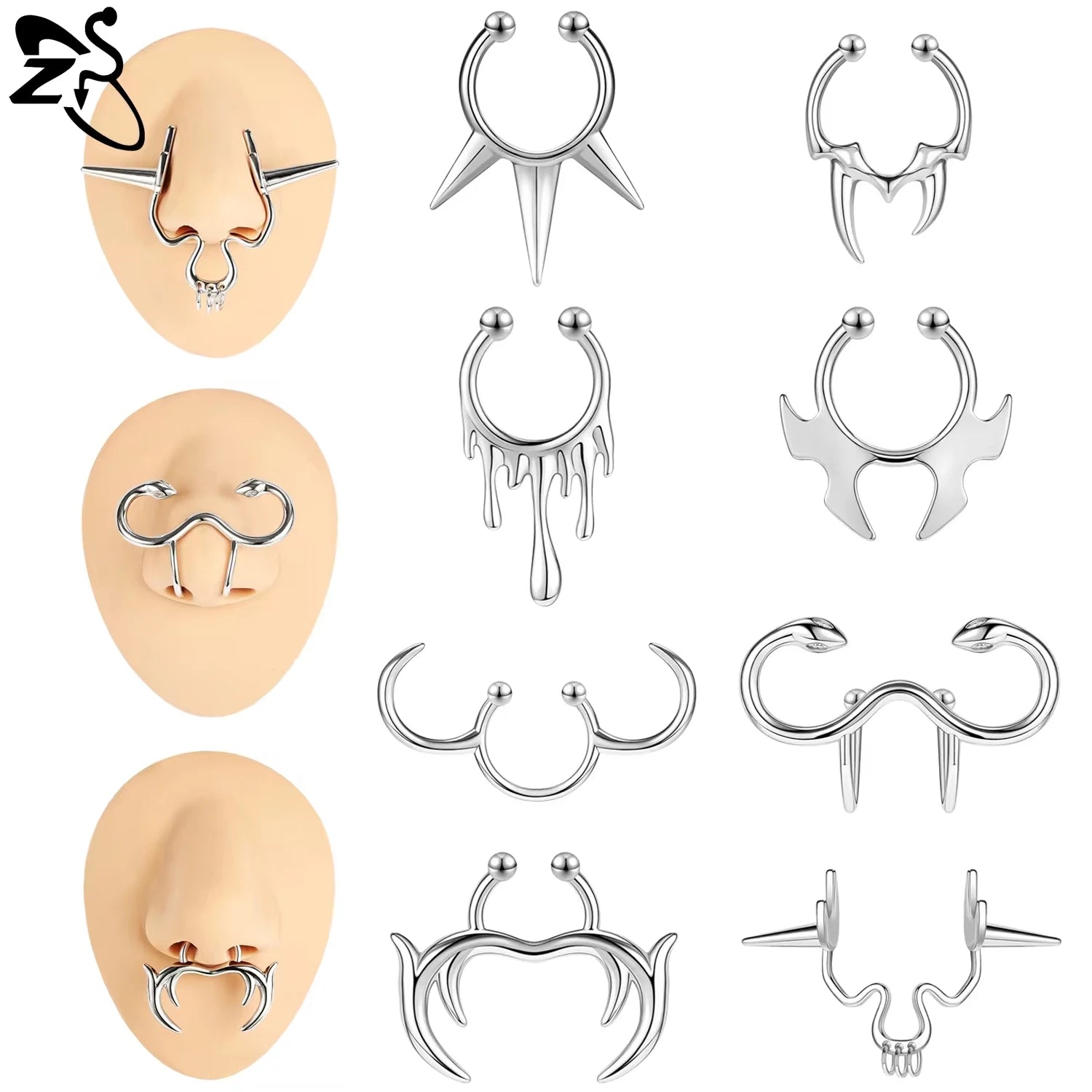 ZS 1 Piece Punk Stlye Fake Septum Ring For Men Women Irregular Nose Cuff Cyberpunk Non Piercing Clip On Nose Piercings Jewelry