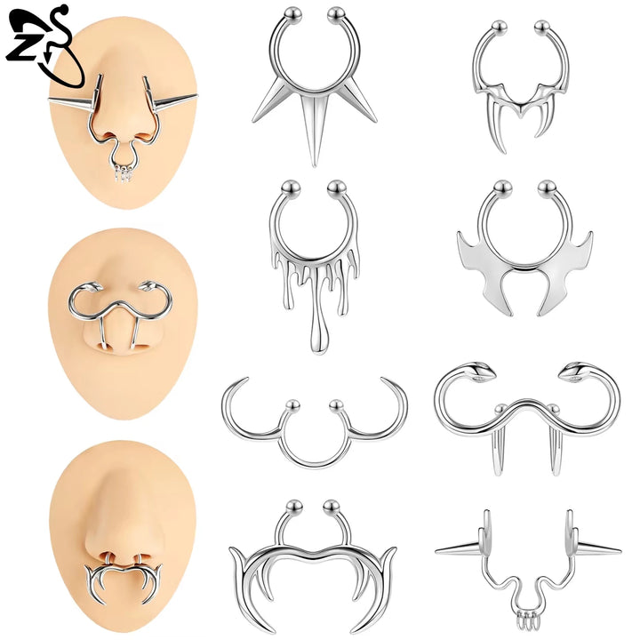 ZS 1 Piece Punk Stlye Fake Septum Ring For Men Women Irregular Nose Cuff Cyberpunk Non Piercing Clip On Nose Piercings Jewelry