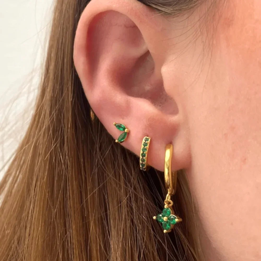 1/3Pairs Copper Green CZ Stone Huggie Hoop Earring Stud Gold Color Silver Black Geometric Cartilage Earrings For Women Jewelry