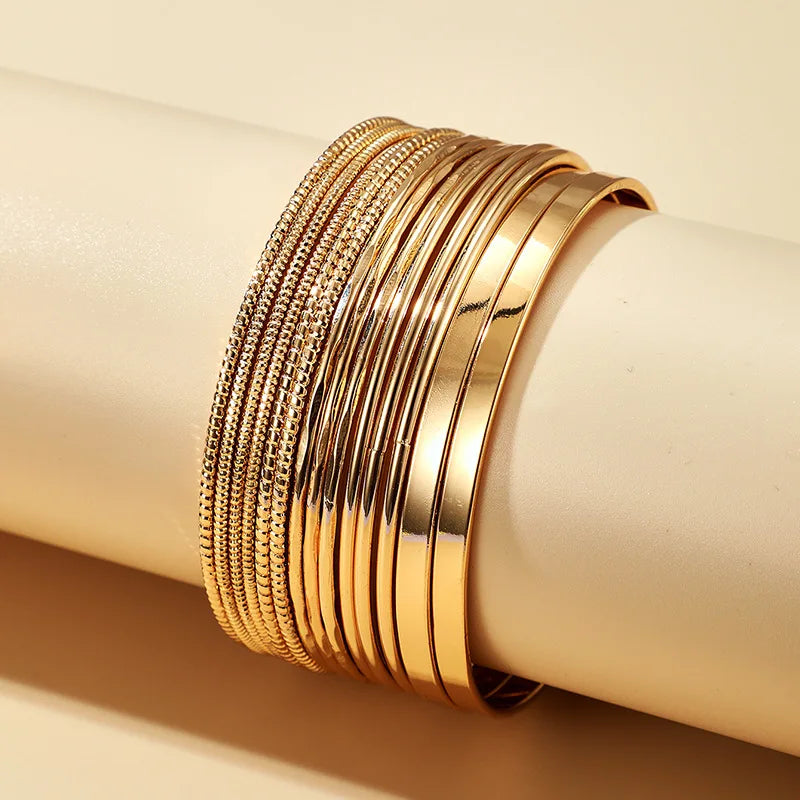 HNSP 5.5CM Inside Diameter Simple Bangle Set For Women Fashion Jewelry Accessories Gold-Color