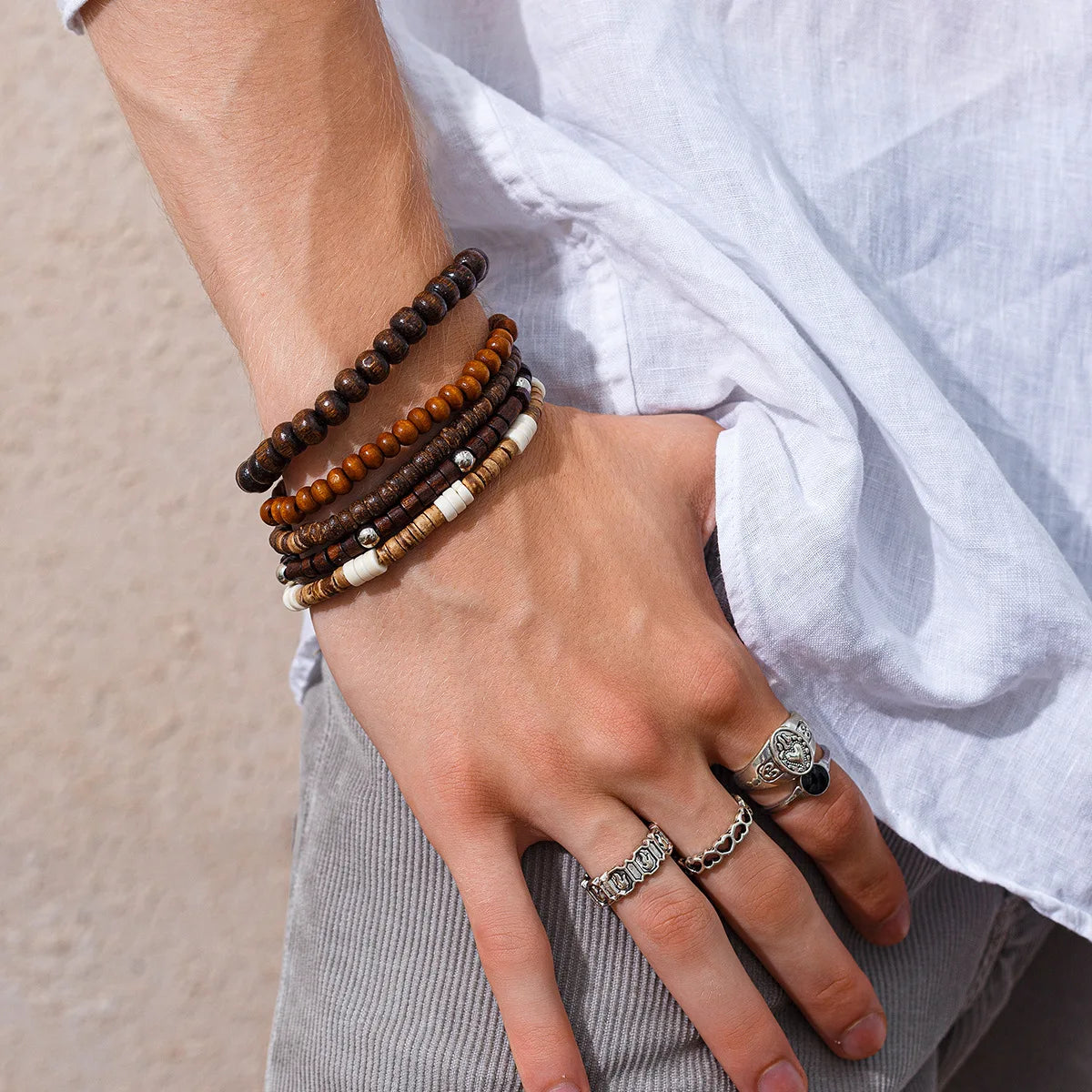 5pcs/set Wooden Beads Bracelet for Men,Hip Hop Niche Natural Stone Stacked Bracelet,Male Handmade Jewelry Gifts