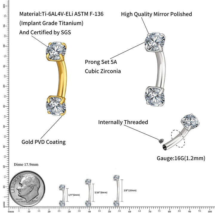 Right Grand ASTM F136 Titanium 16G CZ Cartilage Helix Daith Rook Earring Eyebrow Curved Barbell Labret Lip Piercing Body Jewelry