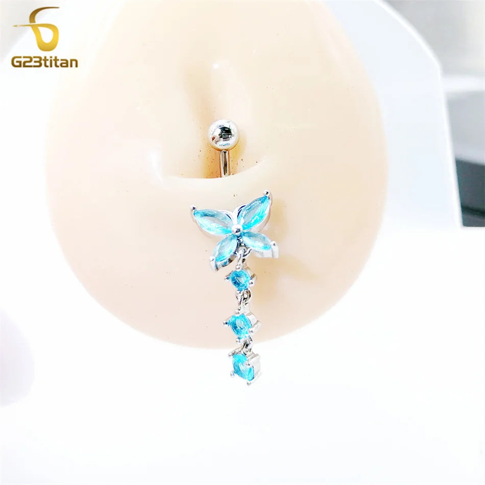 G23titan Crystal Zircon Butterfly Dangle Belly Button Ring Titanium or Steel Bar Navel Piercing Jewelry Women Body Accessories
