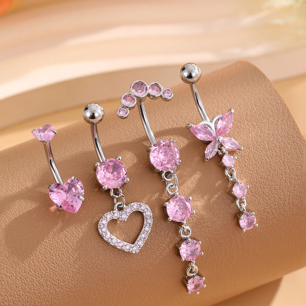 3-5pcs/Lot Belly Button Ring Sets Heart Butterfly Flower Dangled Belly Piercing Nombril 14G Curved Navel Rings Jewelry for Women