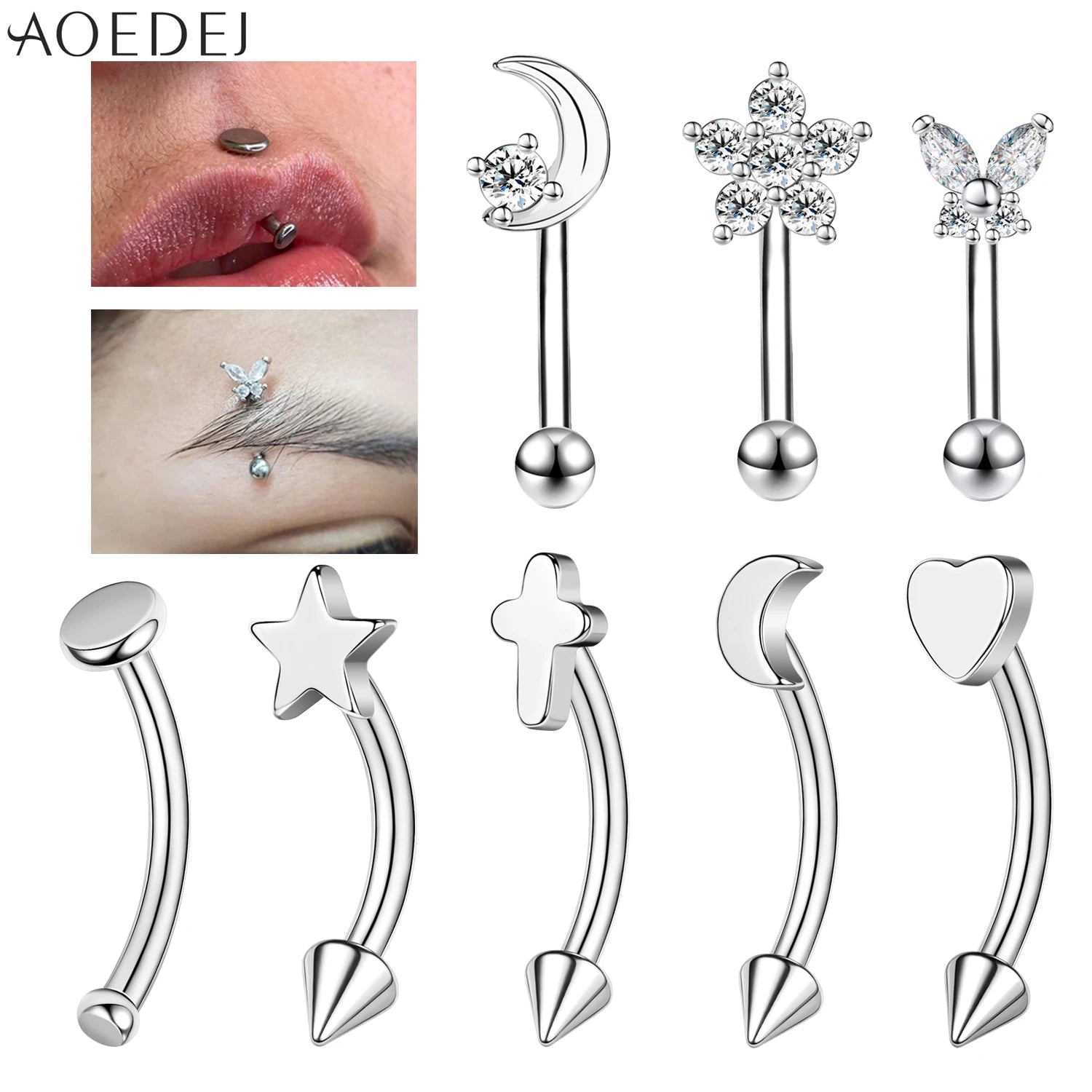 AOEDEJ 1 Piece Stainless Steel 16G Eyebrow Stud 8/10MM Eyebrow Piercing Star Moon Butterfly Shape Labret Lip Piercings Jewelry