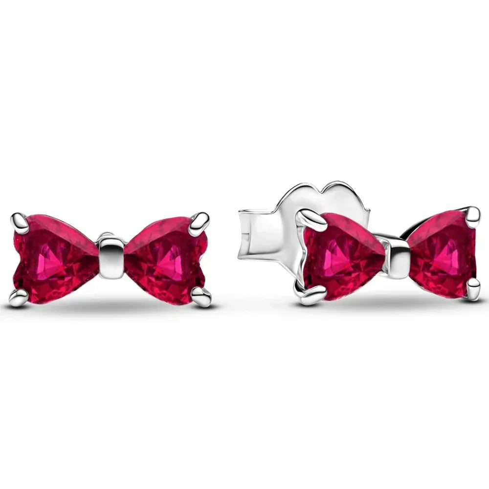 New Original 925 Sterling Silver Crown Bow Heart Set Ring Necklace Earring Crystal Women Valentine's Birthday Gift DIY Jewellery