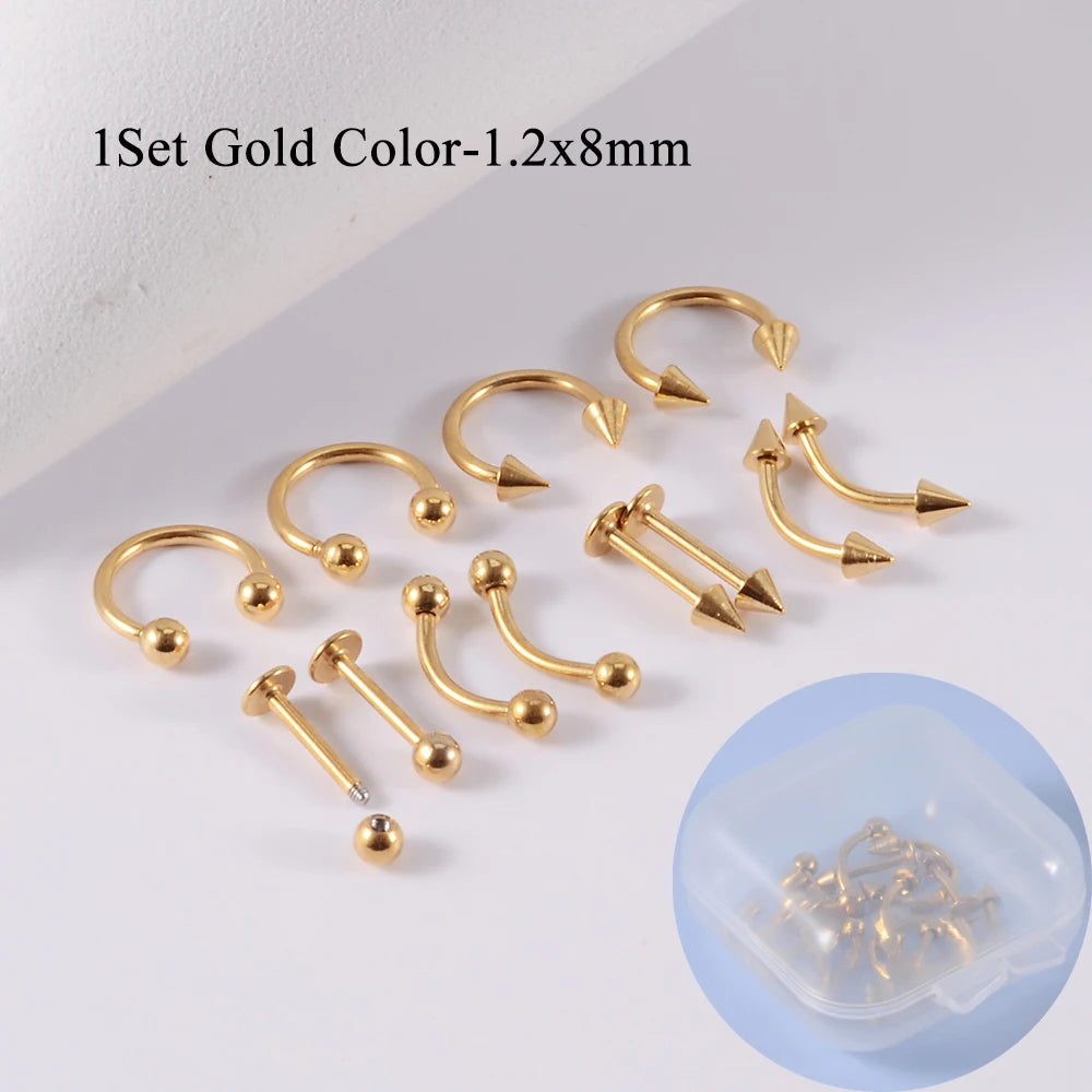12pcs/Set Surgical Steel Silver Color Gold Plated Black Rainbow Ear Nose Eyebrow Labret Basic Piercing Jewelry Set 8mm
