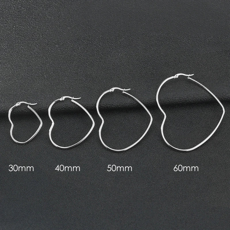 30-60mm Exaggerate Big Hoop Earring Heart Earrings For Women Stainless Steel Gold Color Hip Hop Korea Fashion Jewelry