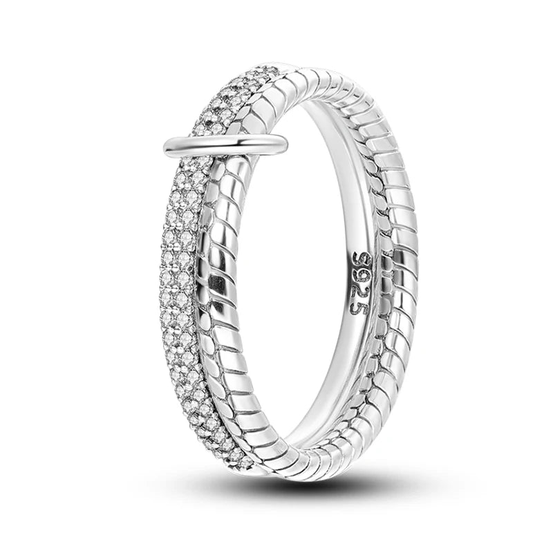 Women's 925 Sterling Silver Geometric Overlapping Zircon Classic Design Rings Anniversary Birthday Engagement Fine Jewelry