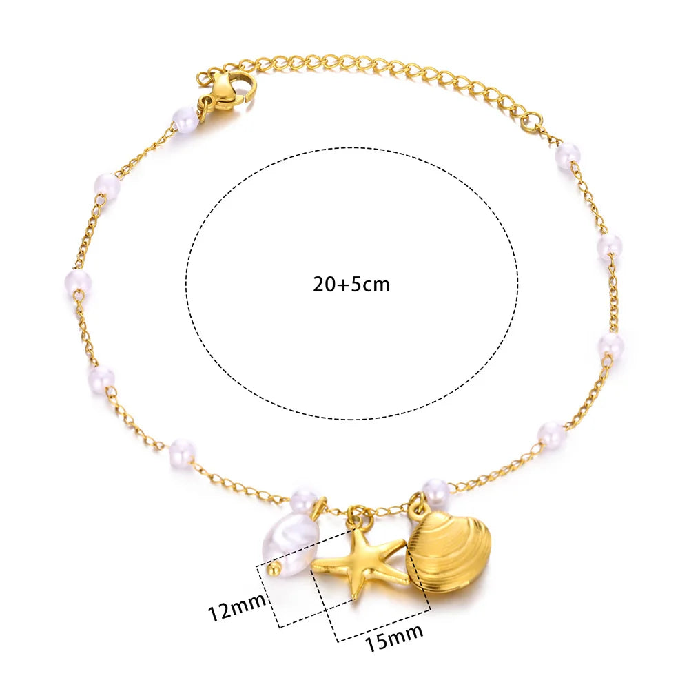 Gold Color Starfish Shell Fish Charm Anklet Link New Bead Chain Stainless Steel Bracelet Women On Foot Summer Waterproof Jewelry