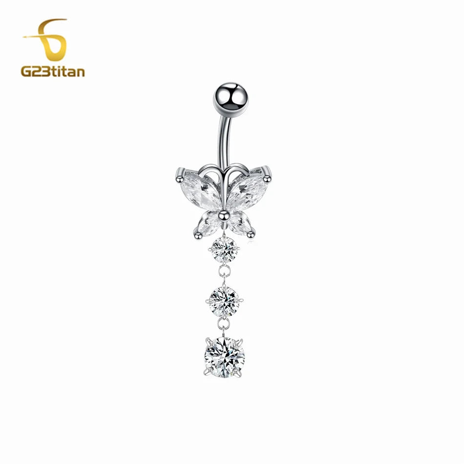 G23titan Crystal Zircon Butterfly Dangle Belly Button Ring Titanium or Steel Bar Navel Piercing Jewelry Women Body Accessories
