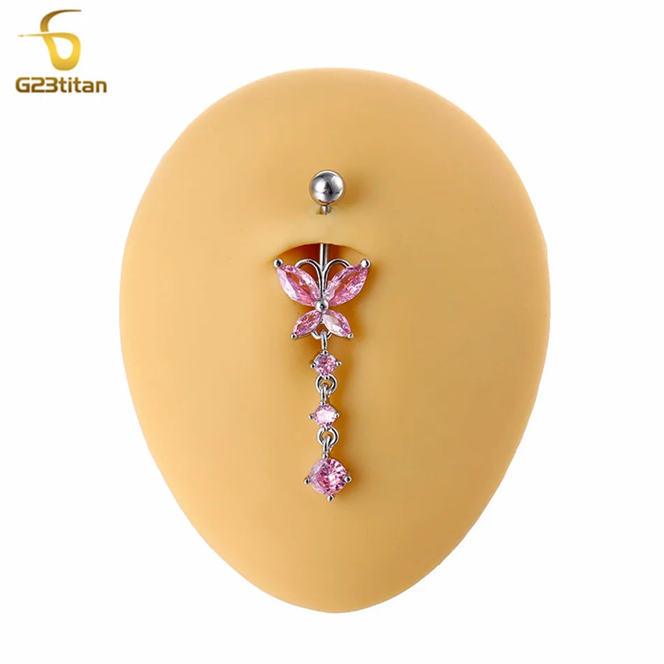 G23titan Crystal Zircon Butterfly Dangle Belly Button Ring Titanium or Steel Bar Navel Piercing Jewelry Women Body Accessories