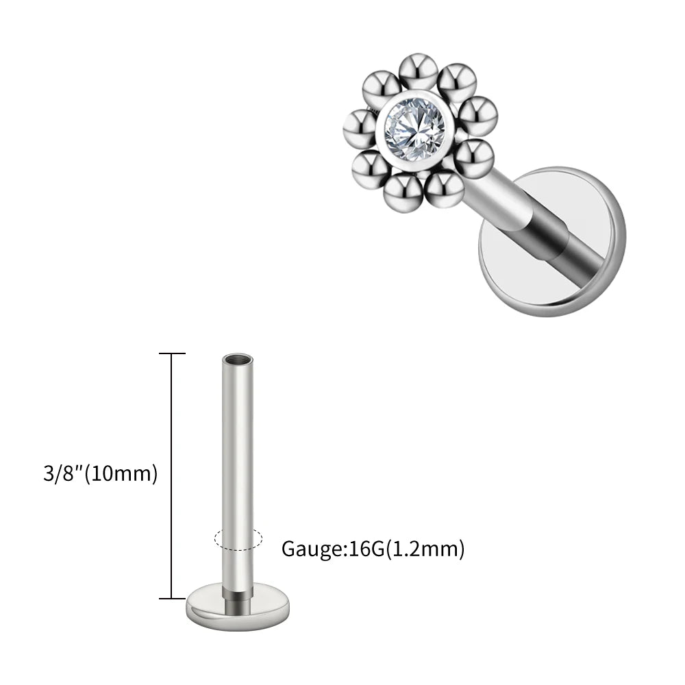 Right Grand ASTM F136 Titanium 16G Mini Beaded Sun Labret Stud CZ Flower Tragus Cartilage Helix Conch Nose Piercing Body Jewelry