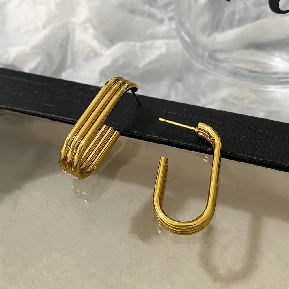 Trendy Gold Color Copper Alloy Hoop Earrings Women's Triple Layered Chunky Hoops Geometry Earrings Huggies Minimalist Jewelry