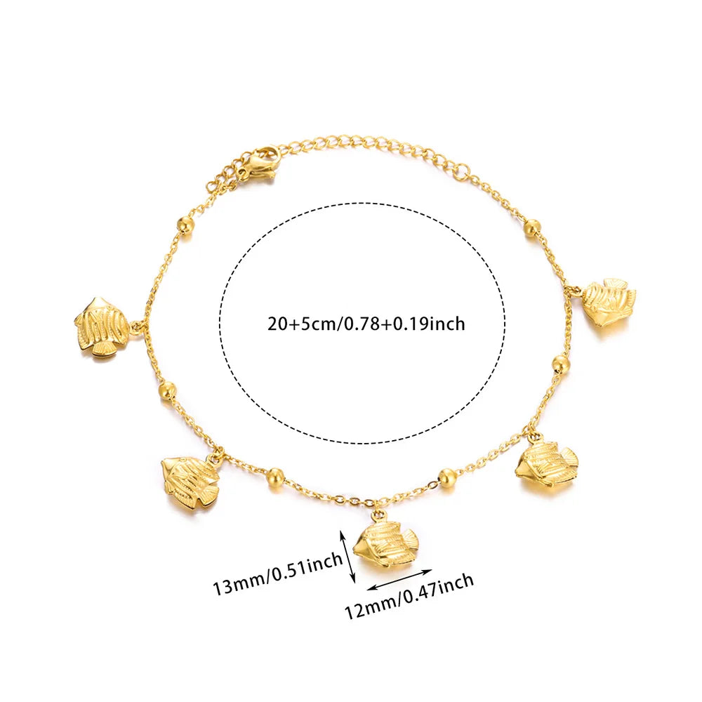 Gold Color Starfish Shell Fish Charm Anklet Link New Bead Chain Stainless Steel Bracelet Women On Foot Summer Waterproof Jewelry
