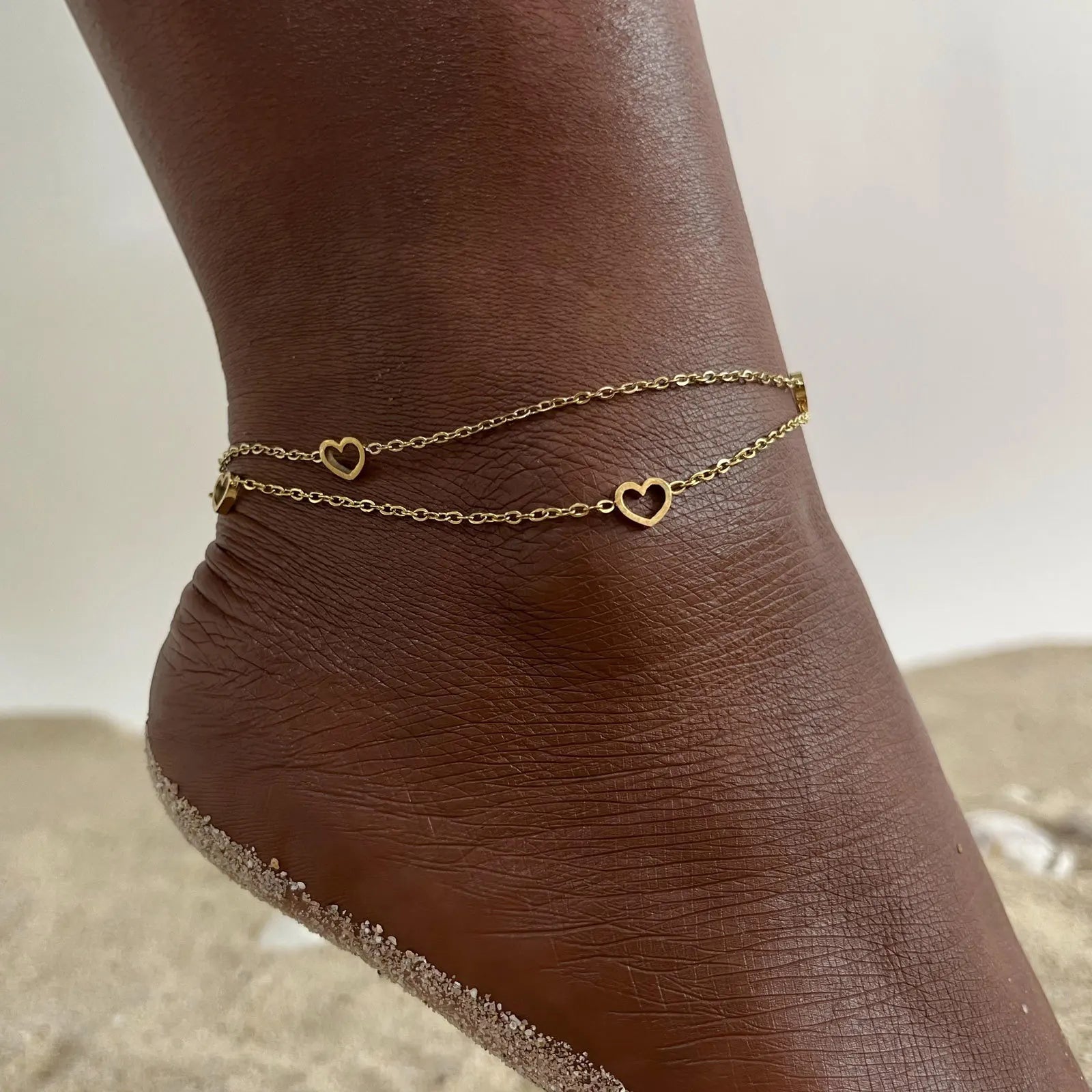 18k Gold Plated Stainless Steel Layered Chain With Beaded  Anklet Bracelet on Leg  for Women