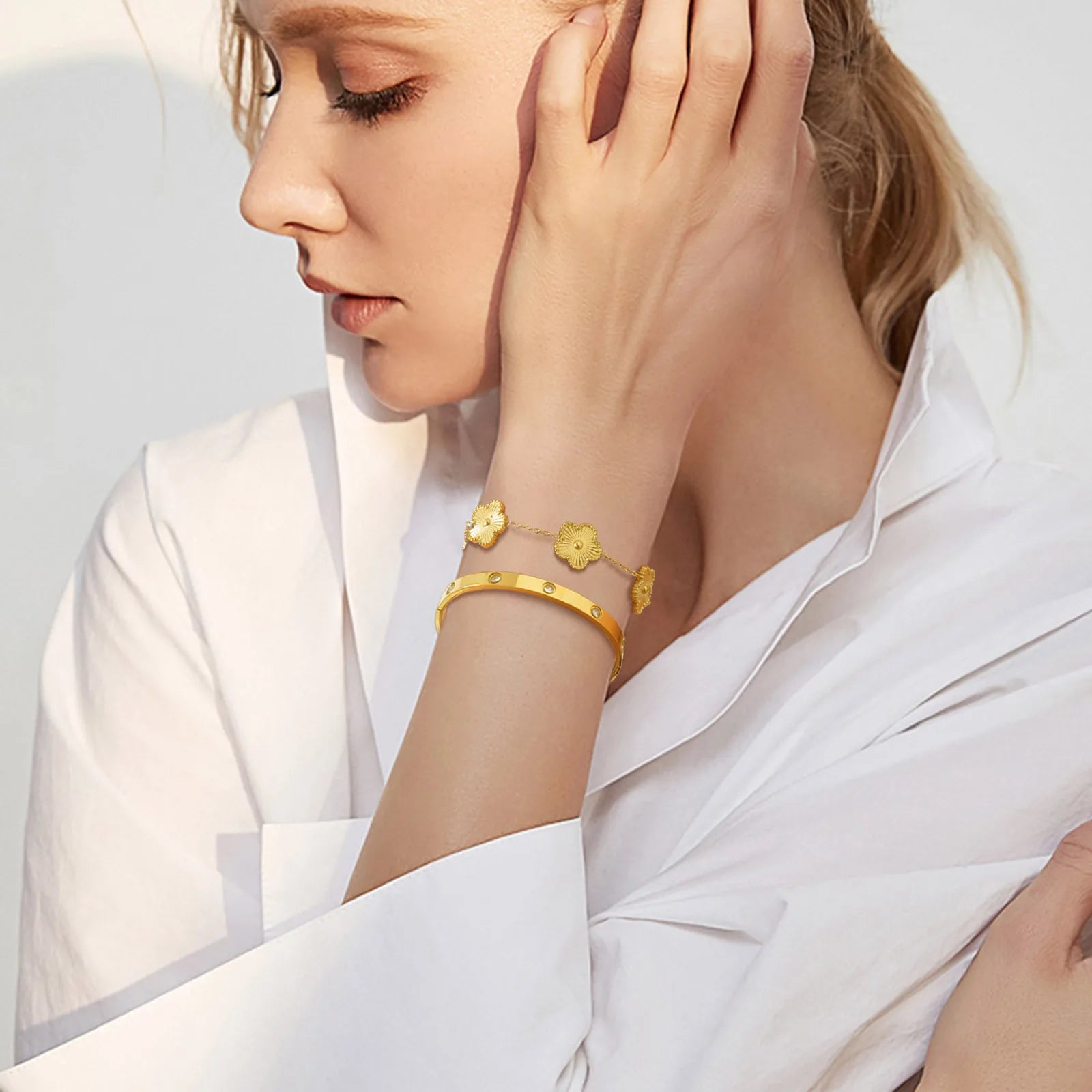 Vnox Exquisite 13mm Clover Bracelet Set for Women, Love Gift Bracelets for Wife Mothers Day Jewelry, Stainless Steel Cuff Bangle