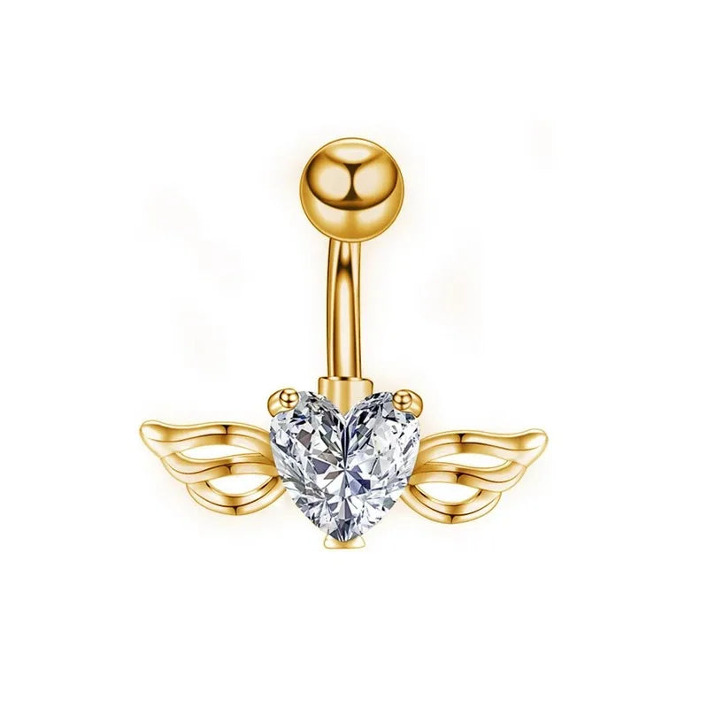 1Pc Gold Color Stainless Steel Belly Ring, Flower Heart Shaped CZ Crystal Navel Belly Button Rings Butterfly Navel Piercings 14G