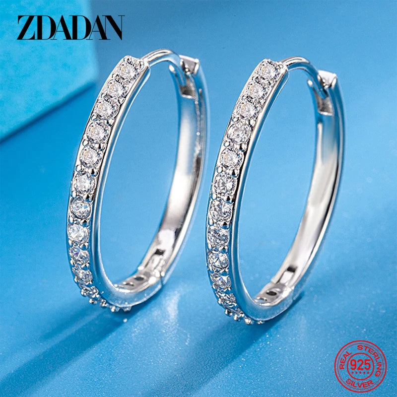 ZDADAN 925 Sterling Silver 8/12/16/20mm Zircon Hoop Earrings For Women Fashion Jewelry