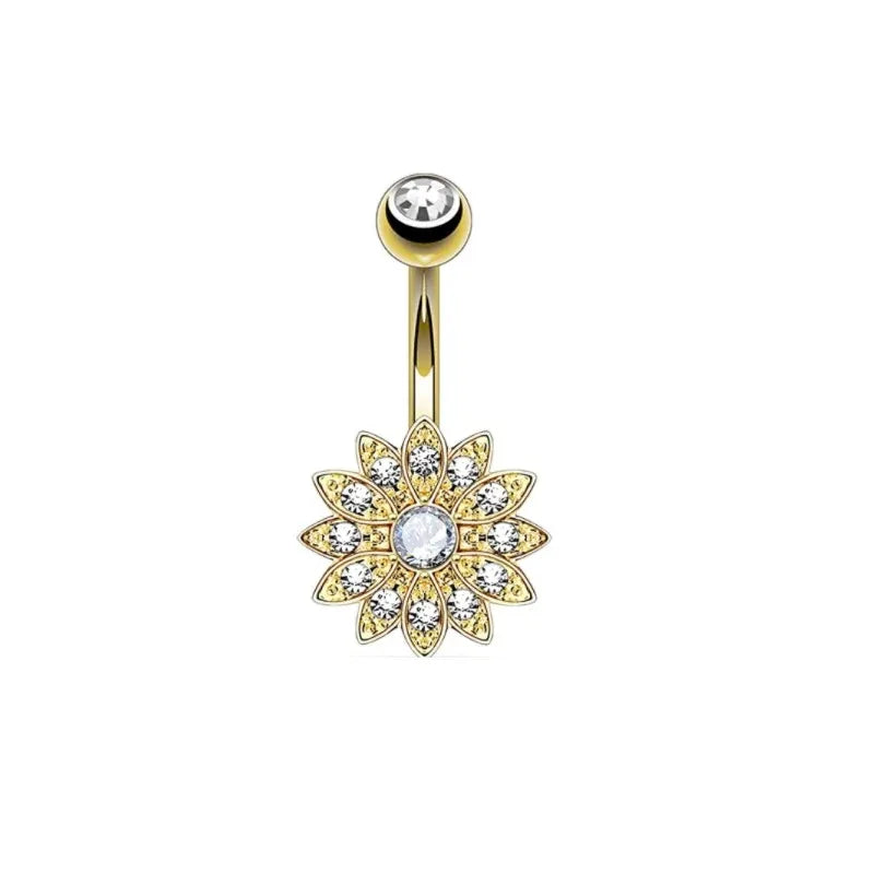 1Pc Gold Color Stainless Steel Belly Ring, Flower Heart Shaped CZ Crystal Navel Belly Button Rings Butterfly Navel Piercings 14G
