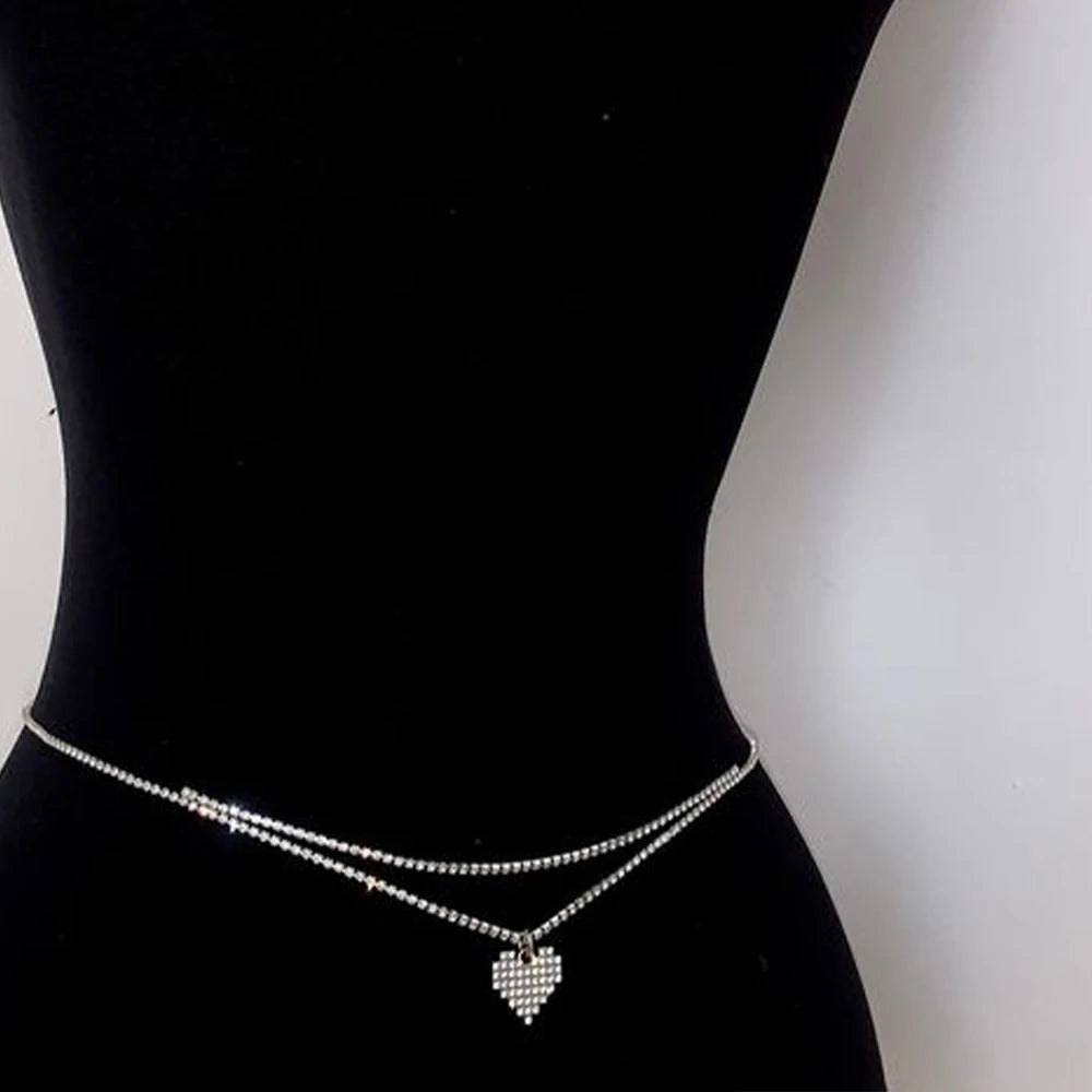 Sexy Rhinestone Heart Waist Chain Belt Bikinis Jewelry for Women Summer Beach Double Row Crystal Belly Chain Body Accessories