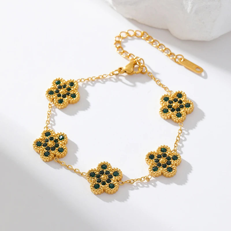 EILIECK New Fashion Stainless Steel White Zircon Clover Necklace Bracelet Earrings Set For Women Trendy Flower Jewelry Set Gift