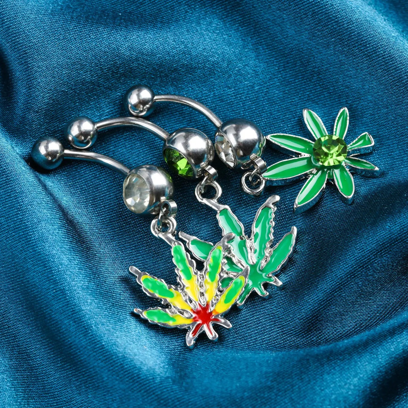 1PC Green Maple Leaf Belly Navel Ring Leaves Weed Dangle Belly Button Piercing Jewelry Surgical Steel Barbell Botton Piercing