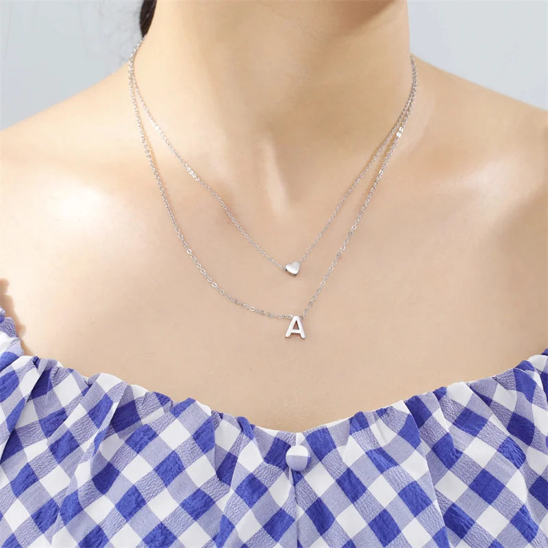 Fashion Tiny Heart Initial Necklace Gold Silver Color Multilayer Letter Choker Necklace For Women Charm Pendant Jewelry Gift