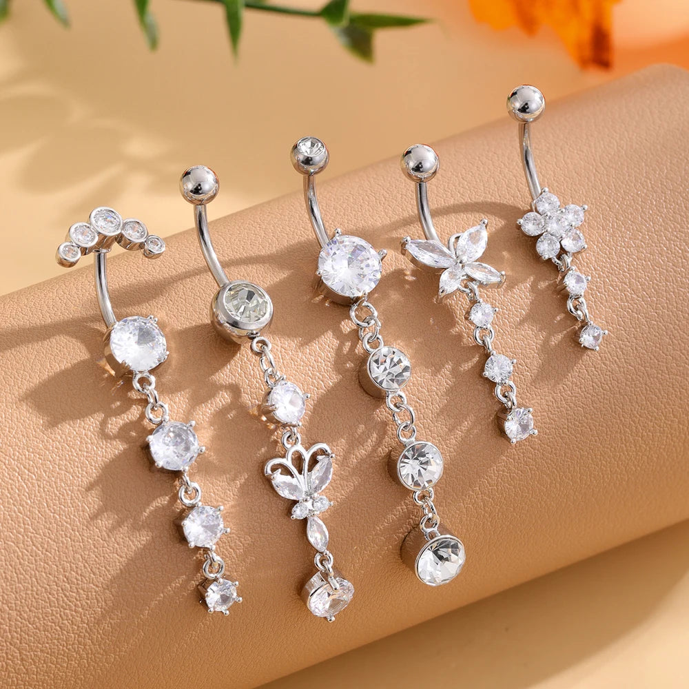 3-5pcs/Lot Belly Button Ring Sets Heart Butterfly Flower Dangled Belly Piercing Nombril 14G Curved Navel Rings Jewelry for Women
