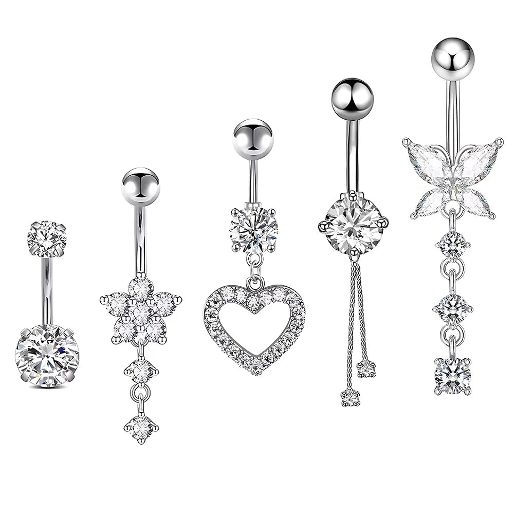 5pcs/lot Dangled Belly Button Rings Belly Piercing Sets 14G Butterfly Heart Curved Navel Piercing for Women Girls Body Jewelry