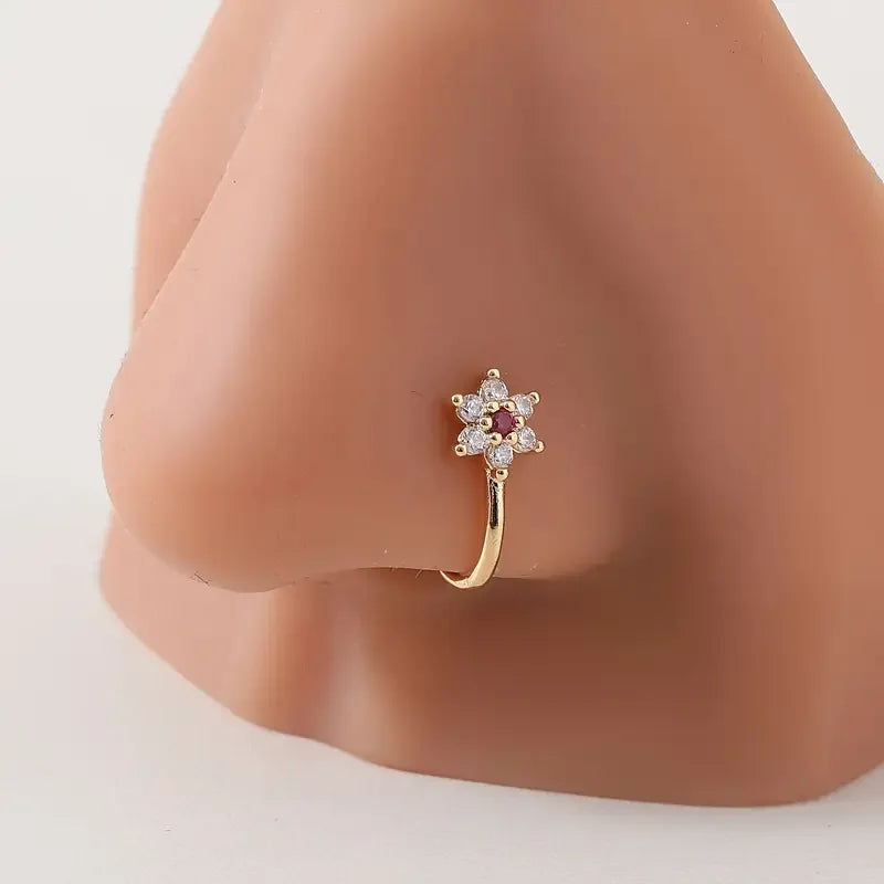 Bohemian Style Adjustable U-shaped Nose Clip with Red Zirconia - No Piercing Required Fake Nose Ring Jewelry