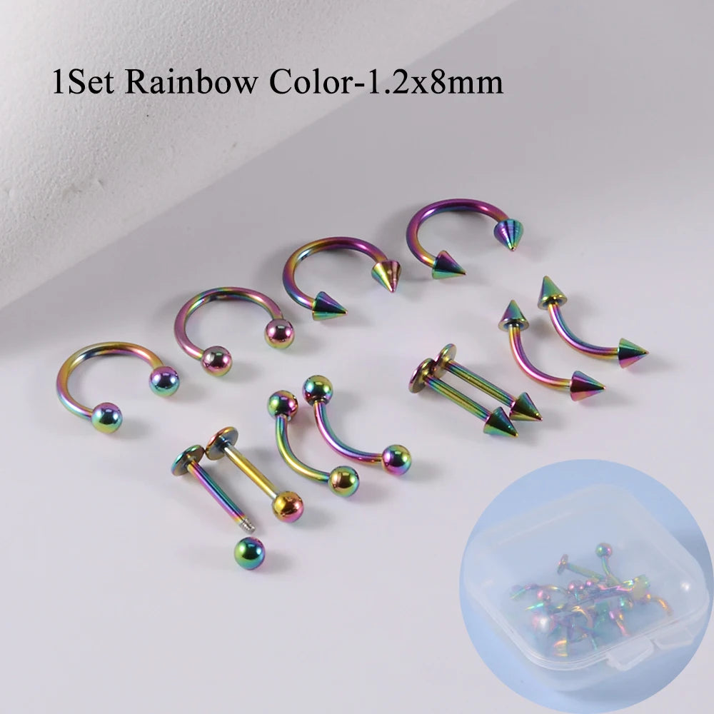 12pcs/Set Surgical Steel Silver Color Gold Plated Black Rainbow Ear Nose Eyebrow Labret Basic Piercing Jewelry Set 8mm