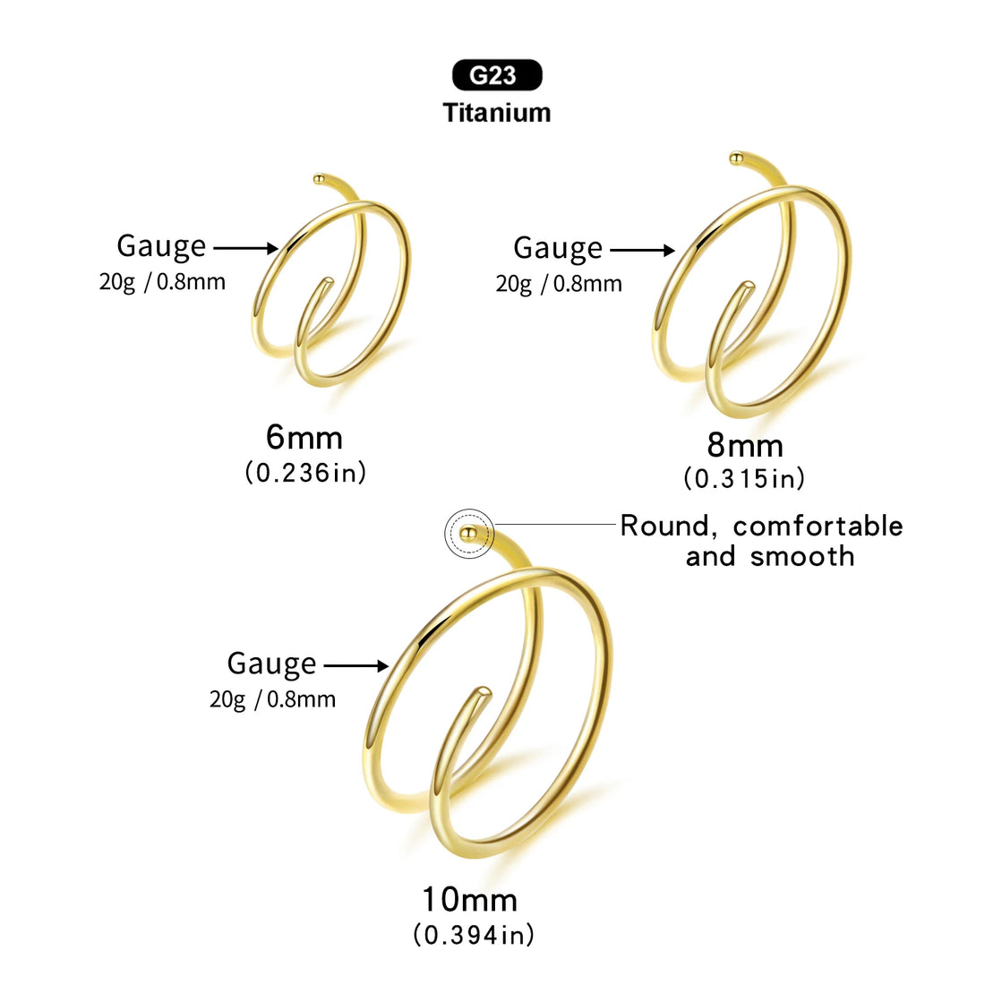 VOJO 20G G23 Titanium Double Hoop Nose Rings 6/8/10mm Hypoallergenic Small Spiral Piercing Jewelry for Women Men